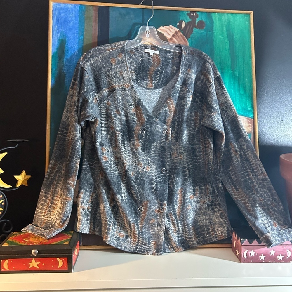 Sandwich Women’s Gray & Brown Cardigan Sweater Blouse XL Boho Layering Top